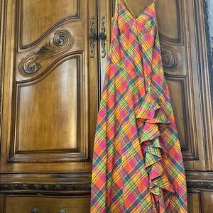 NEW Ralph Lauren Bianca Preppy Plaid Whimsical Ruffle Spaghetti Strap MaxiDress